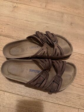 Birkenstock Brown Suede Slide Sandals with Adjustable Buckles